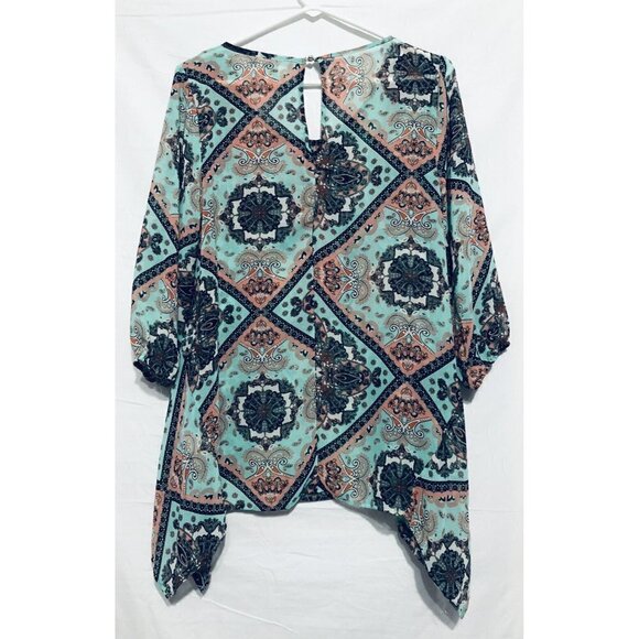 Umgee Womens Small Paisley Print Asymmetrical Hem Peasant Blouse Sheer Boho - Picture 4 of 6